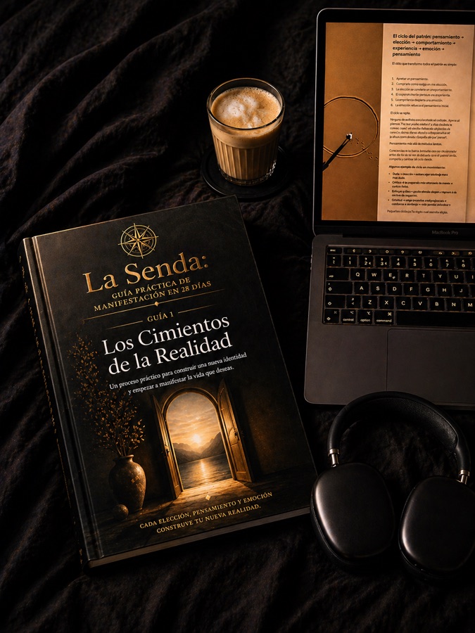 Portada de la Guía 1, Los Cimientos de tu Nueva Realidad, junto a una computadora y auriculares